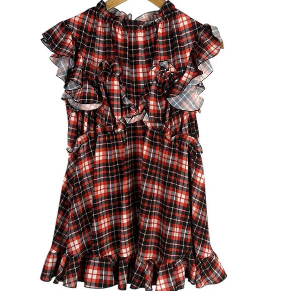 MSGM Milano Designer Sleeveless Ruffle Plaid Mini Dress Red Size 8 - Picture 2 of 10